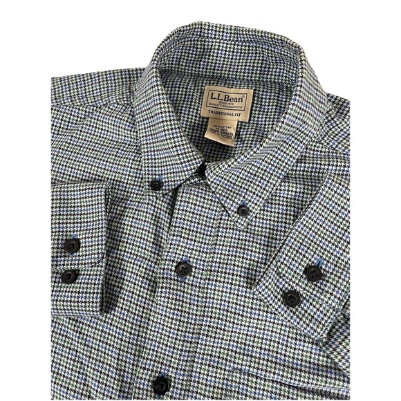L.L. Bean Other - LL Bean 298276 Traditional Fit Blue Green White‎ Houndstooth Flannel Men's M Reg